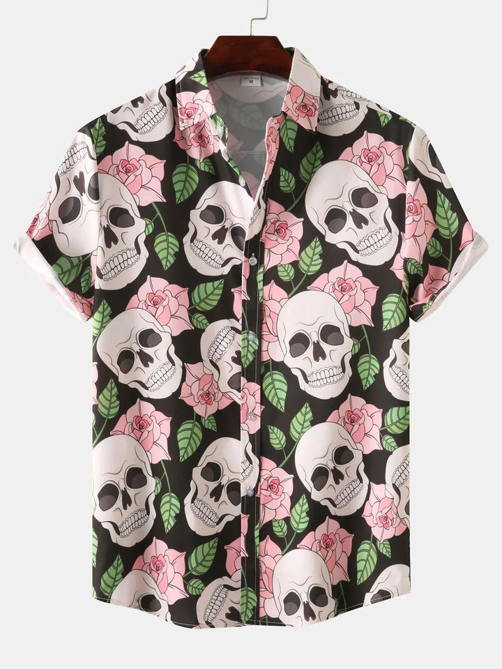 Rose Skull Print Button Up Shirt