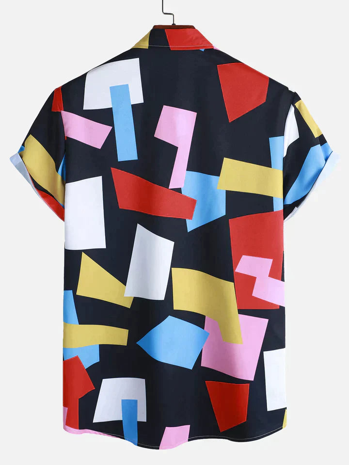 Geometric Color Block Print Button Up Shirt