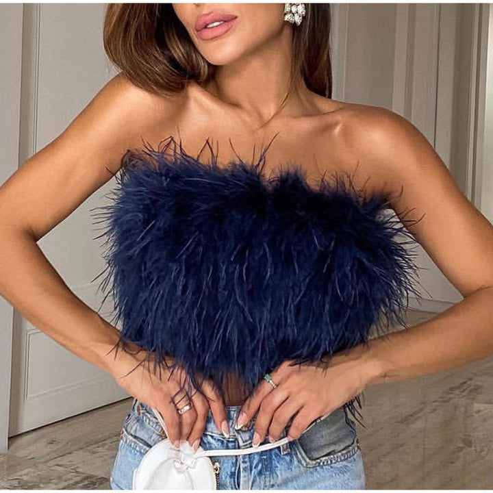 AMBER - Strapless Top With Imitation Feathers