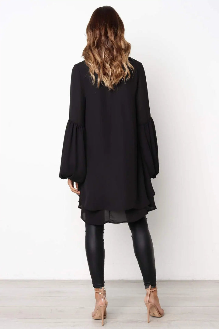 BIRDIE - Asymmetrical Lantern Sleeve Round Neck Blouse