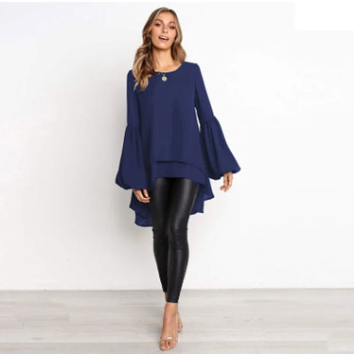 BIRDIE - Asymmetrical Lantern Sleeve Round Neck Blouse